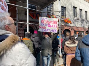 New Yorkers rally outside the Stonewall Inn in support of Ukraine and its LGBTQ community on Saturday, Feb. 26