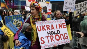 A protest in support of Ukraine at Times Square, New York, on Mar 5, 2022. Photo credit: Alyona Uvarova