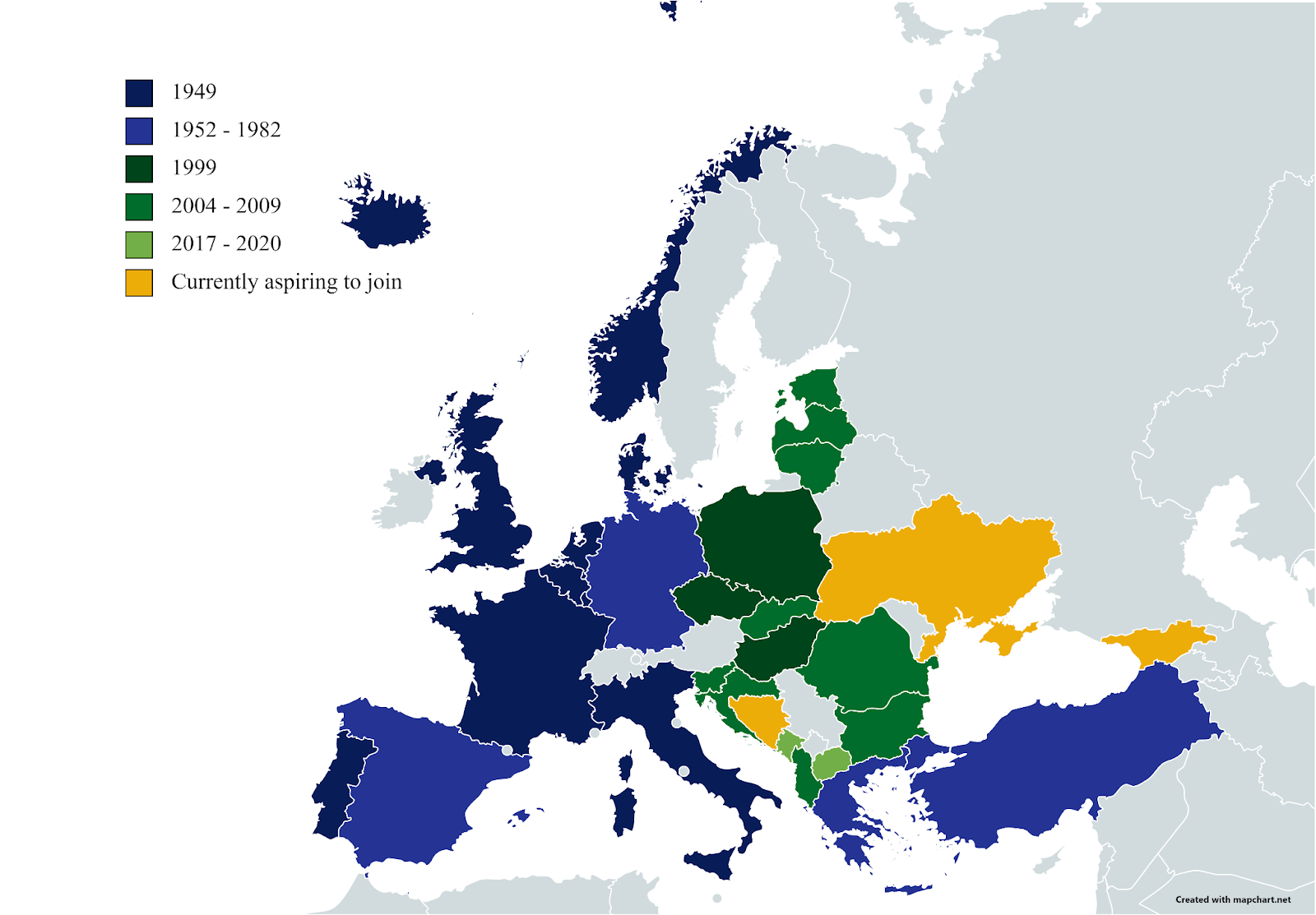 Map of NATO member countries by the date their membership began