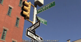 A street sign for Mulberry Street and Bayard Street with Chinese characters