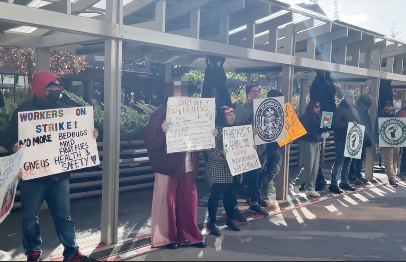 Union workers protest outside the NYC Starbucks Reserve Roastery.