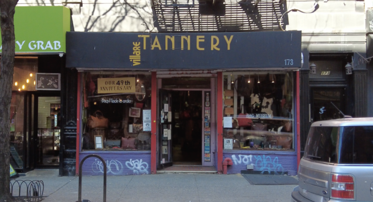 The storefront of Village Tannery on the corner of Bleecker Street and Sullivan Street in Manhattan, New York.