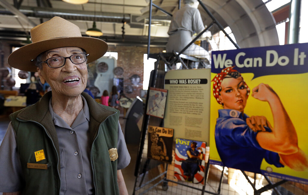 National Park Service Ranger Betty Reid Soskin smiles at the Rosie the Riveter World War II Home Front National Historical Park in Richmond, Calif.