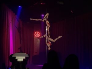 Two women dressed in red string lingerie hang themselves upside down from a pole in a neon-lit room, surrounded by crimson floor-to-ceiling curtains.
