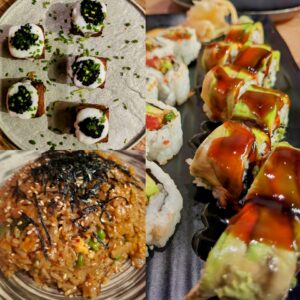 Colorful dishes of Asian food at a restaurant